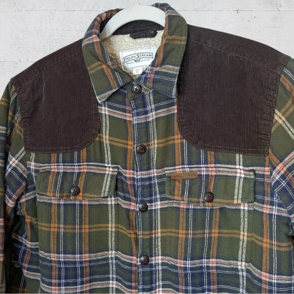 Field & Stream Men’s M Sherpa Lined Green Plaid Corduroy Flannel Shirt Jacket - Picture 3 of 12